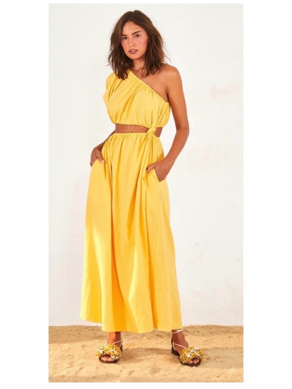 Farm Rio Like new One-Shoulder Cutout Maxi Dress in Bright Yellow